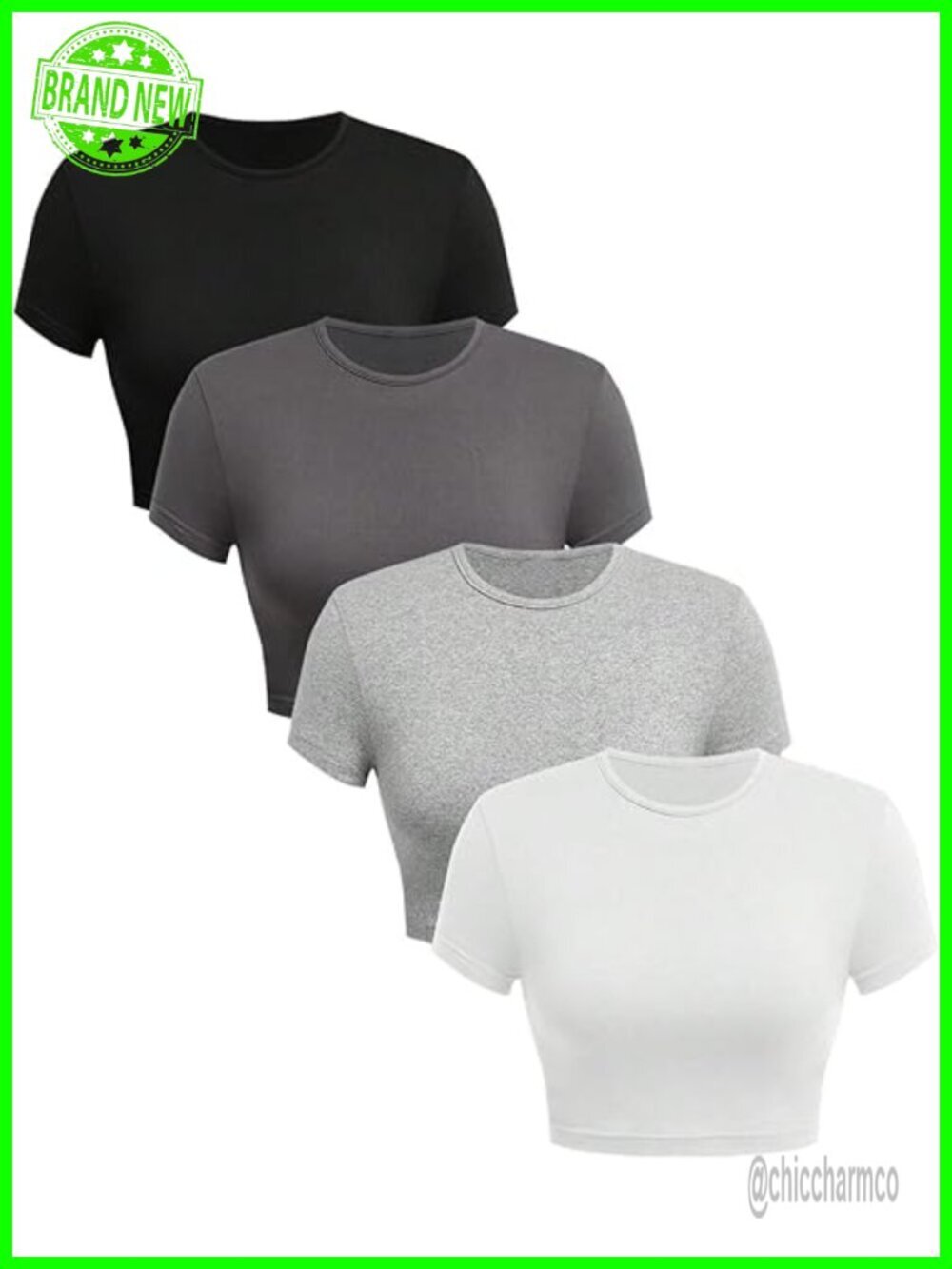 4 Pack Basic Fitted Crop Tees Crew Neck Short Sleeve Stretch